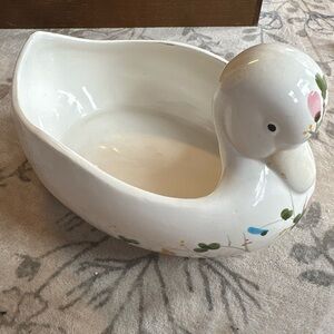 White Ceramic Duck Planter with Floral Accents